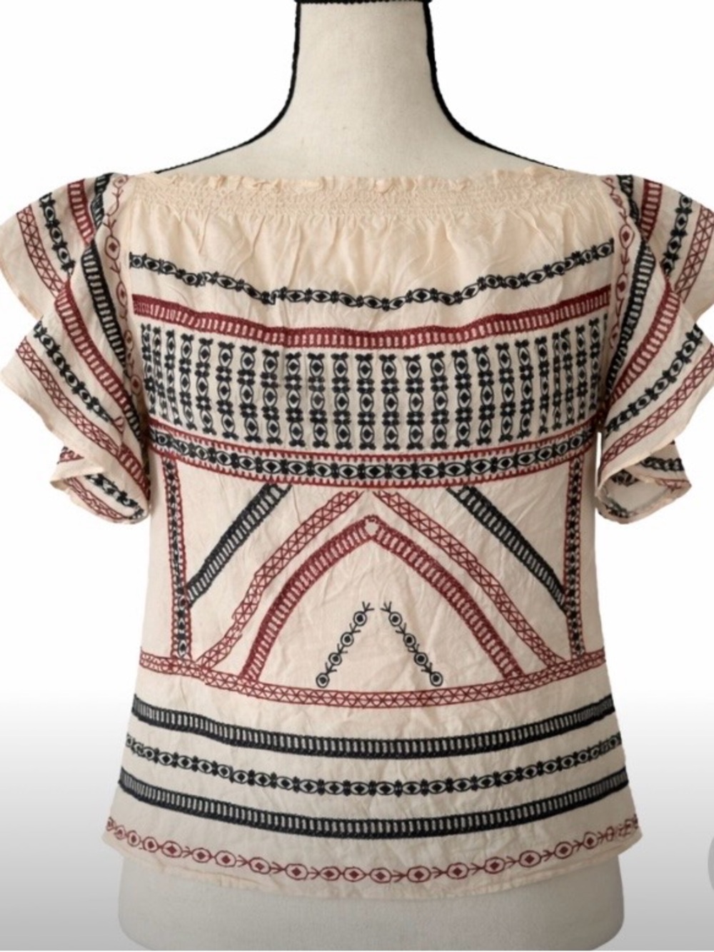 Boho Embroidered Peasant Top Cream Red Black Festival Blouse Womens S/M Prairie